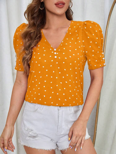 Heart Print Puff Sleeve Button Detail Blouse( Clearance sale)