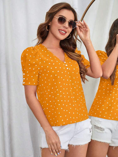 Heart Print Puff Sleeve Button Detail Blouse( Clearance sale)