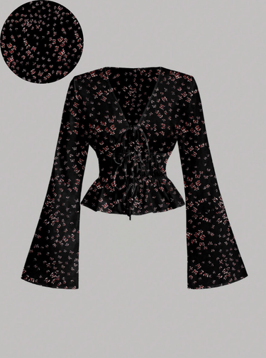 Parien Butterfly Printed Tie Front Flare Sleeve Blouse