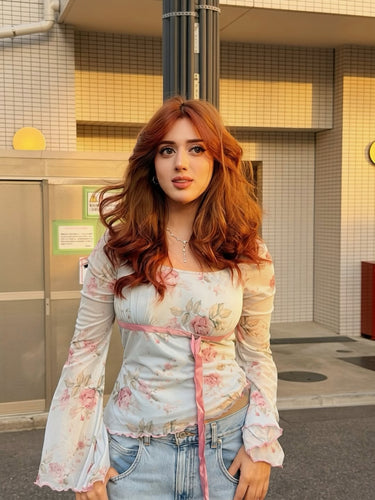 Bowknot Tie Floral Print Asymmetric Hem Bell Sleeve T-Shirt