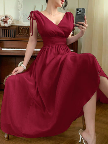 Crinkle Chiffon Solid Ruched Bust Tie Shoulder Dress