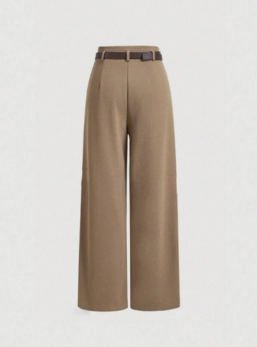 Camel High Waist Plicated Straight Leg Pants Without Belt