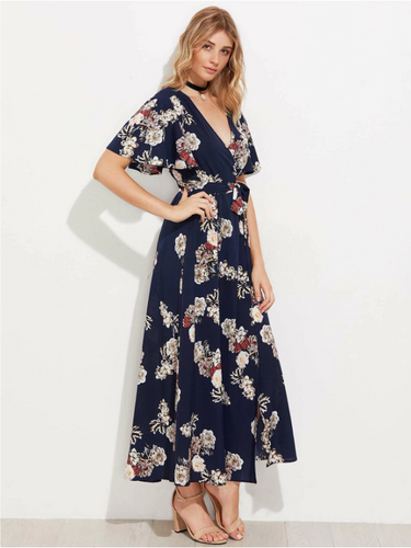 Floral Flutter Sleeve Surplice Wrap Dress(Clearance sale)