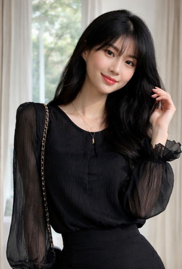 Black Chiffon Shirt With Ruffle Sleeves(Clearance sale)