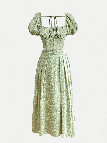 Ditsy Floral Print Tie Front Crop Top and Skirt(CLEARANCE SALE)