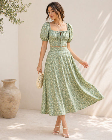 Ditsy Floral Print Tie Front Crop Top and Skirt(CLEARANCE SALE)