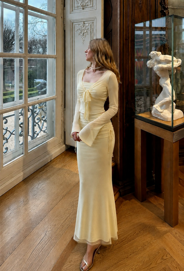Parien Butter Yellow Mesh Bell Sleeve Top & Mermaid Skirt