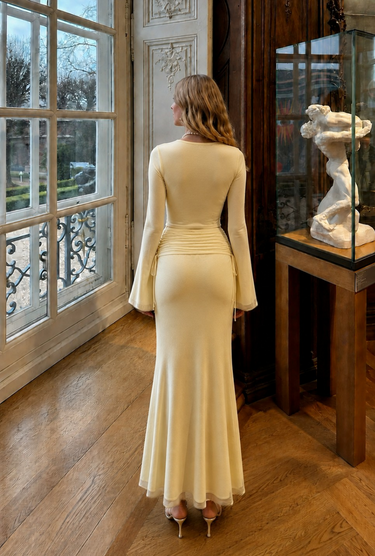Parien Butter Yellow Mesh Bell Sleeve Top & Mermaid Skirt