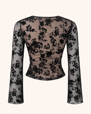 Parien Floral Flocked Square Neck Mesh Top