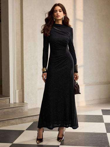 Parien Ruched Fitted Long Sleeve Black Dress