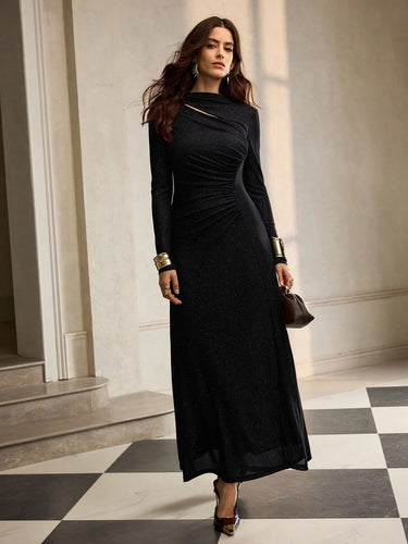 Parien Ruched Fitted Long Sleeve Black Dress