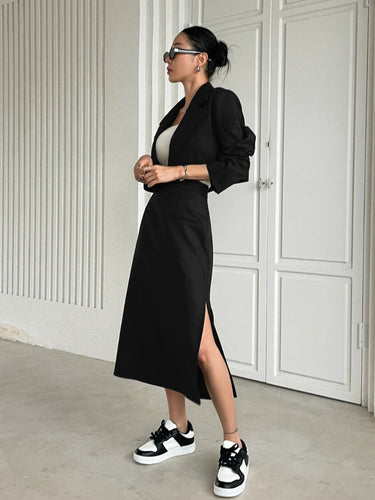 Lapel Neck Crop Blazer & Split Thigh Skirt( CLEARANCE SALE)