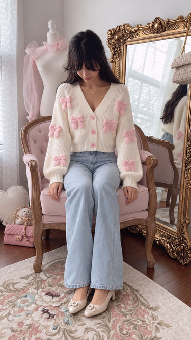 Parien Blush Bow Knit Cardigan
