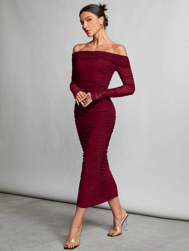 Off-Shoulder Ruffled Mesh Long Dress(Clearance sale)