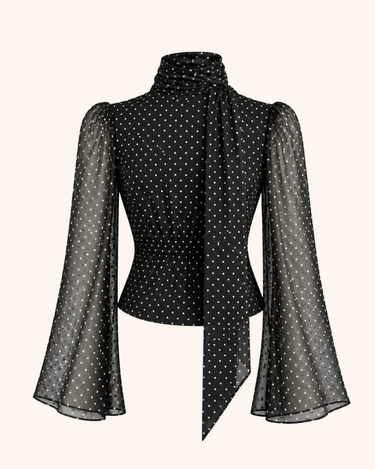 Parien Black Mesh Flocked Polka Dot Blouse