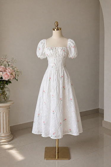 Parien Cotton Floral Embroidery Sweetheart Neckline Dress