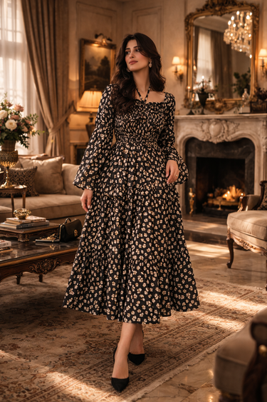Parien Floral Bloom Tie neck Dress