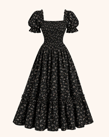 Parien Floral Puff‑Sleeve Laced Tie Neck Vintage‑Inspired Dress