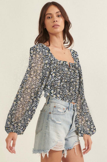 Parien Floral Ruched Floral Peasant Top(CLERANCE SALE)