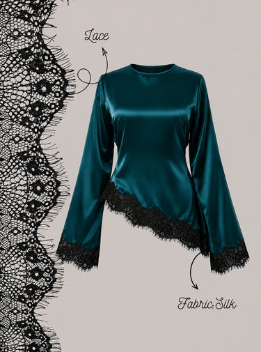 Parien Lace Patchwork Round Neck Long Sleeve Tie Waist Top