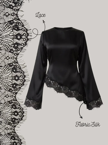 Parien Lace Patchwork Round Neck Long Sleeve Tie Waist Top