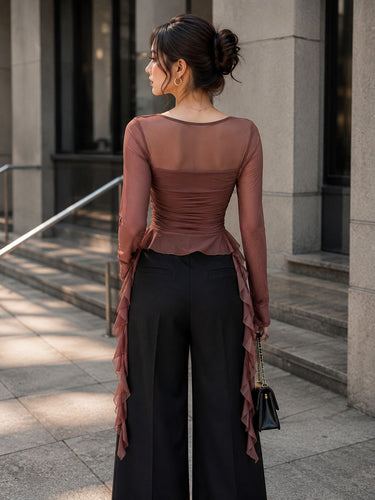 Parien Mocha Ruffle Mesh Top