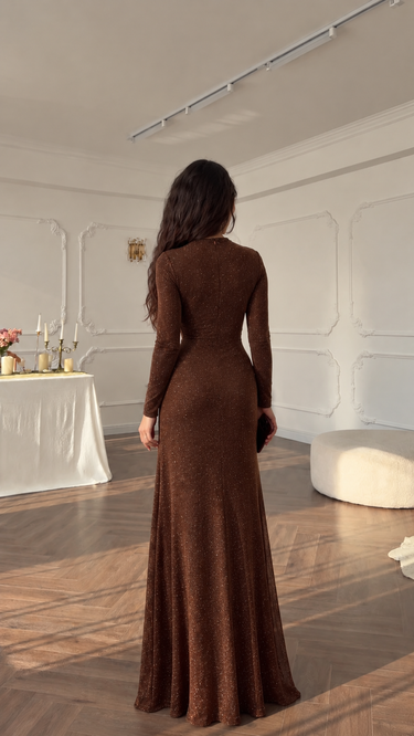 Parien Mocha Shimmer Ruched Maxi Dress