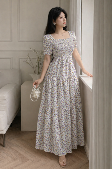 Parien Square Neck Puff Sleeve Dress