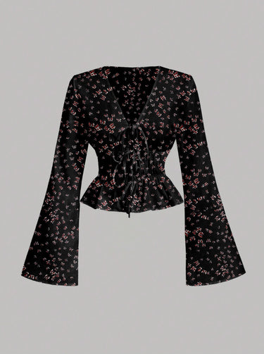Parien Butterfly Printed Tie Front Flare Sleeve Blouse