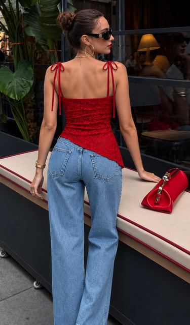 Parien Asymmetric Hem Bowknot Strap Red Camisole