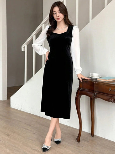 Parien Color Block V-Neck Long Sleeve Midi Velvet Dress
