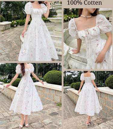 Parien Cotton Floral Embroidery Sweetheart Neckline Dress