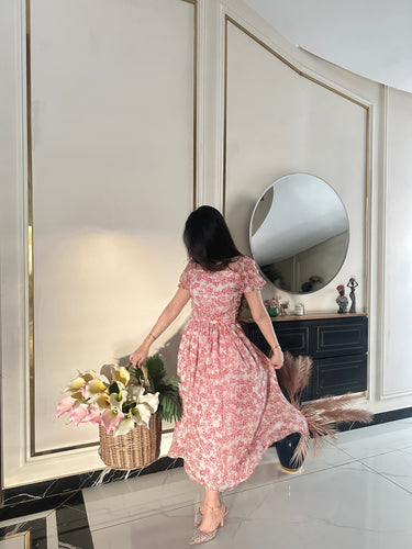Parien Cute Pink Floral Print Square Neck Chiffon Dress