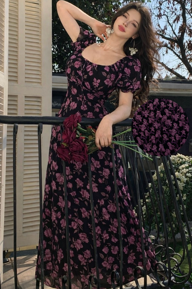 Parien Floral Puff Sleeve Chiffon Dress