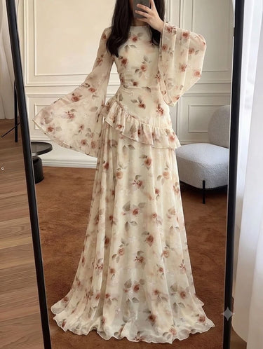 Parien Floral Ruffle Trim Tie-Waist Flare Sleeve Dress