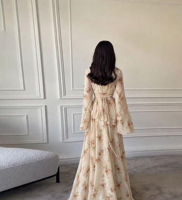 Parien Floral Ruffle Trim Tie-Waist Flare Sleeve Dress