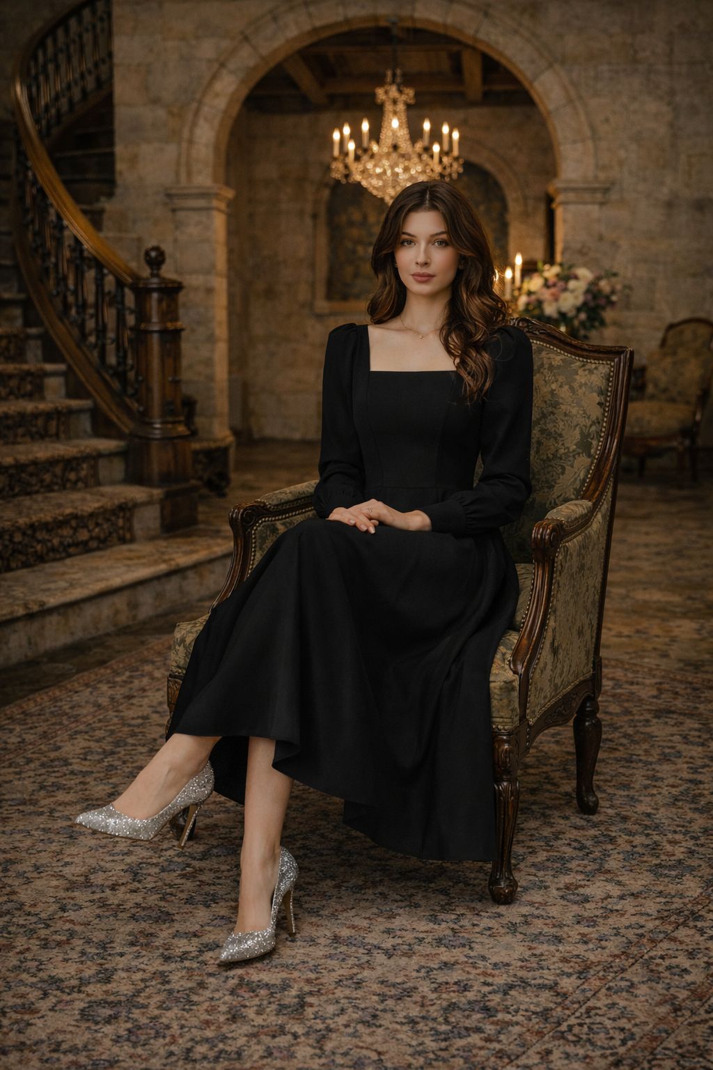 black long dress with sleeves Parien Medium Waist Long Sleeve Luxury Dress – Parien House