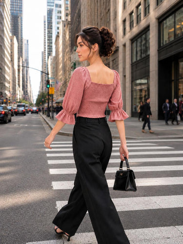 Parien Peach Polka dot Pleated laced Top