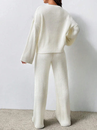 Parien Solid Color Drop Shoulder Sweater And Knitted Wide Leg Pants Loose Two-Piece Set