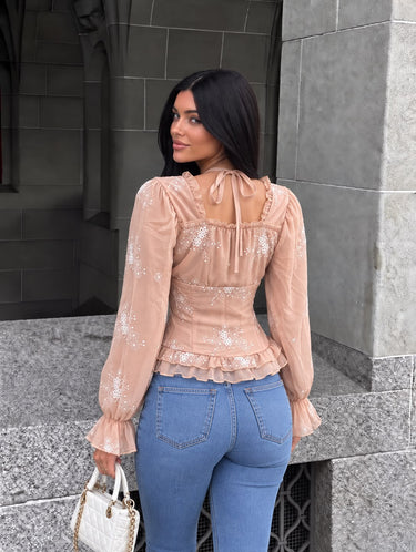 Ruffle Tie Waist Long Sleeve Blouse