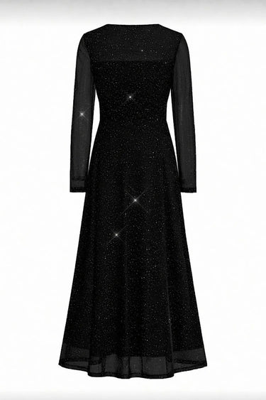 Square Neck Ruffle Waist A-Line Long Sleeve Sparkly Dress