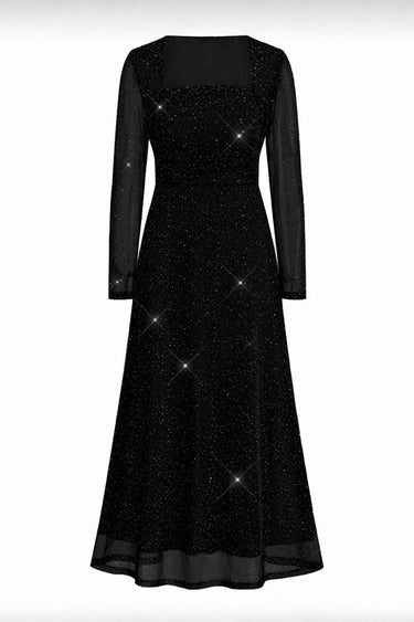 Square Neck Ruffle Waist A-Line Long Sleeve Sparkly Dress
