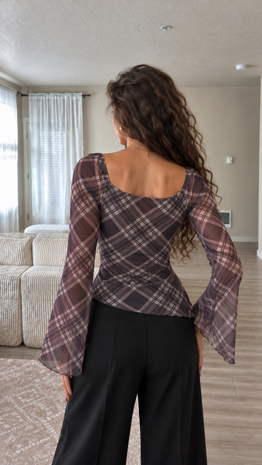Parien Cocoa Plaid Square-Neck Top