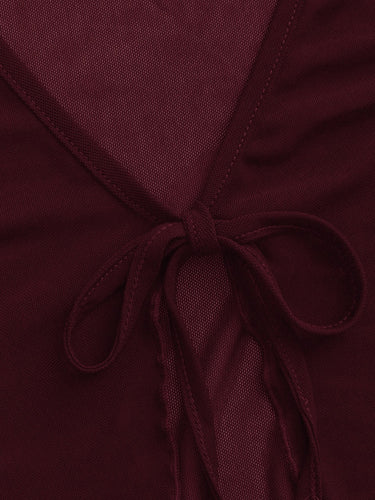 Wine Lettuce Trim Trumpet Sleeve Mesh outwear Top