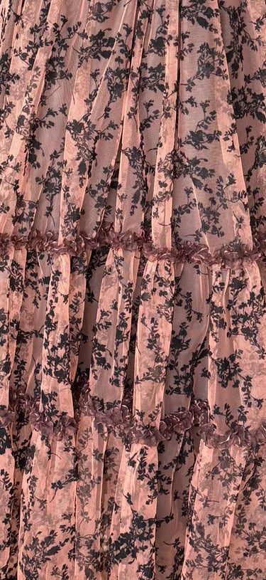 Parien Ruffle Lace Tie Neck Flocked Brown Maxi Dress