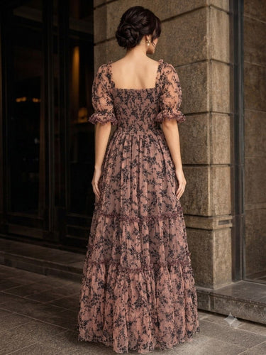 Parien Ruffle Lace Tie Neck Flocked Brown Maxi Dress