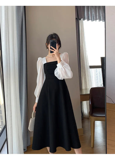 Two Tone Square Neck Bishop Sleeve Dress