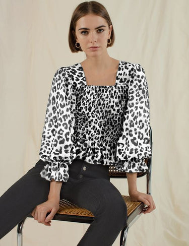Parien Leopard Shirred Flounce Sleeve Blouse( CLEARANCE SALE)