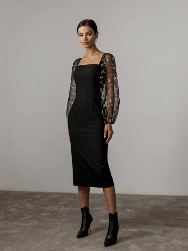 Tulle-sleeve midi dress (Clearance Sale)