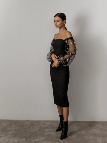Tulle-sleeve midi dress (Clearance Sale)